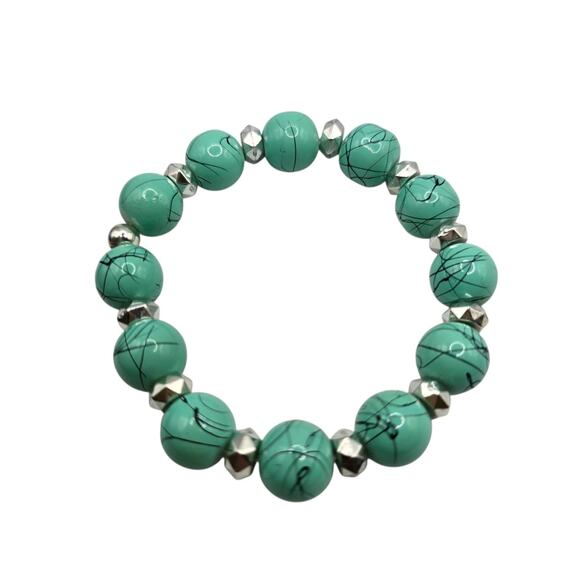 Aqua Blue Stretch Bracelet Black Lines Painted Round Shaped Acrylic Beads Adjust - Picture 6 of 6